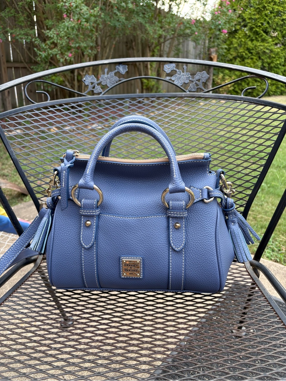 Dooney & Bourke Blue Pebbled Leather Satchel with Tassels